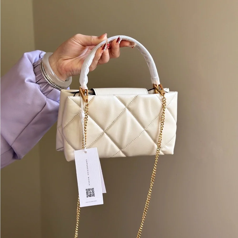 Tory Burch Quilted Mini Top-Handle Satchel in Cream with Gold Hardware
